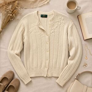 Orvis Women's M Cream Silk Cotton Floral Embroidered Button Cardigan Sweater